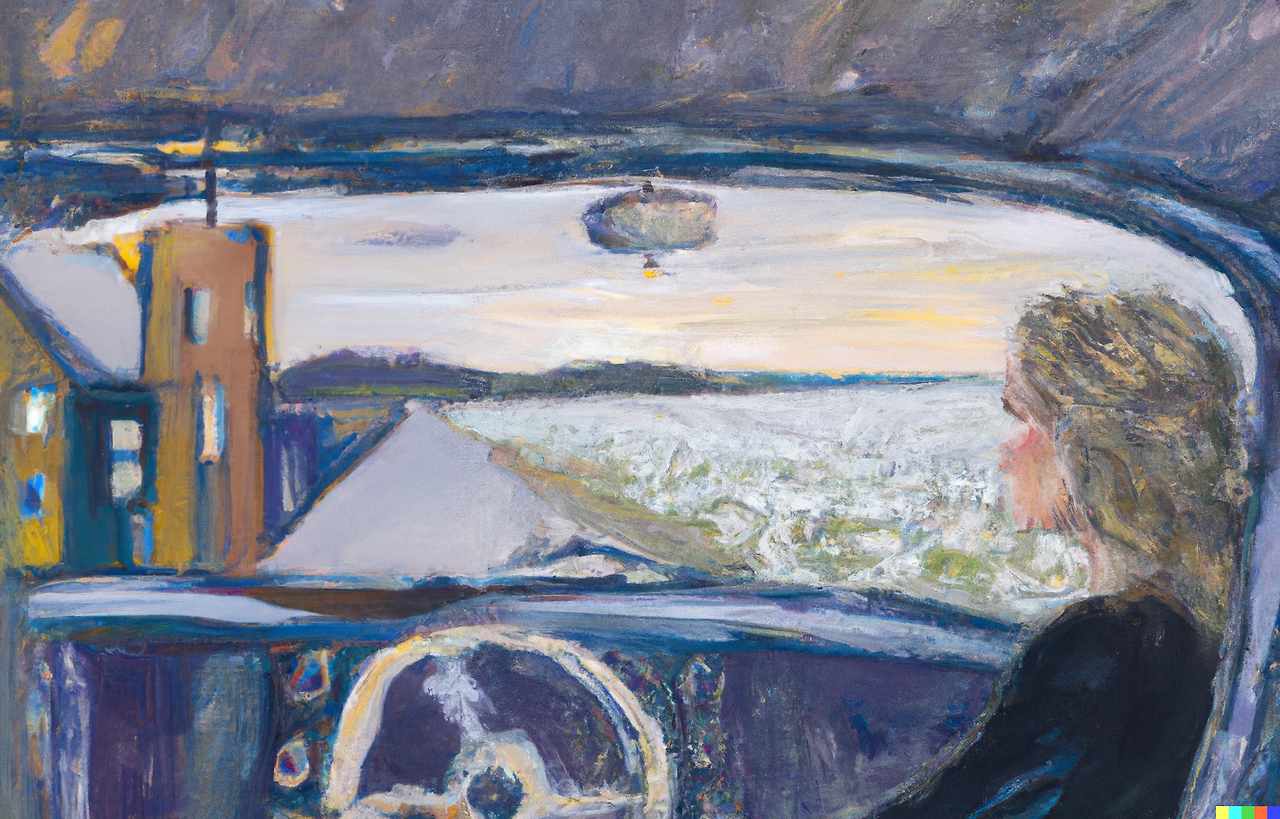 DALL·E 2023-12-14 00.21.06 - A winter field at dusk unfolds out the window. and the city sky line far away. A warm oil painting by Claude Monet..png