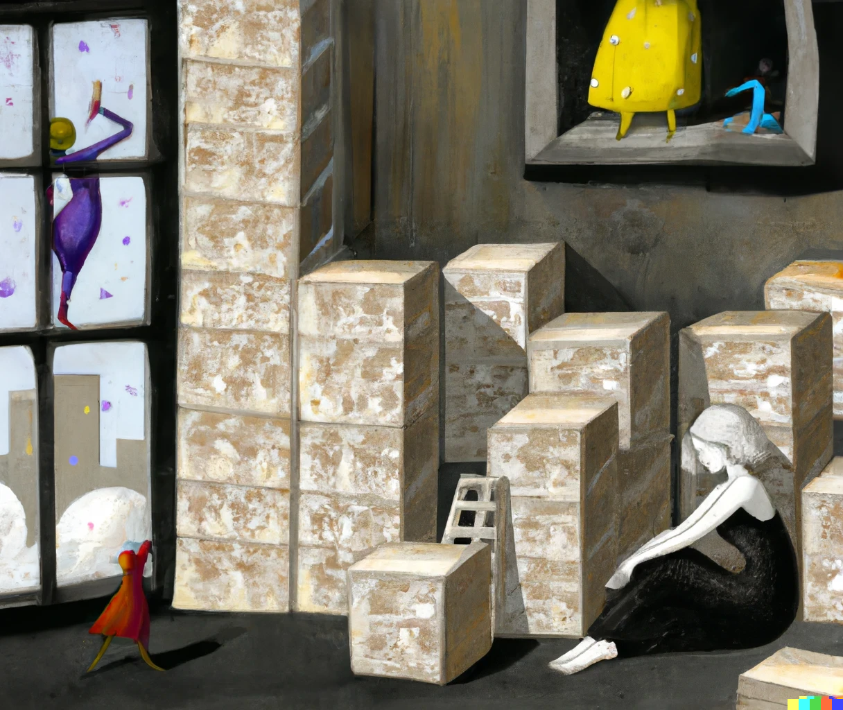 DALL·E 2023-12-15 00.20.09 - A gray room has a large window. Outside the window, you can see the cityscape. It snows. Klimt's painting style.png