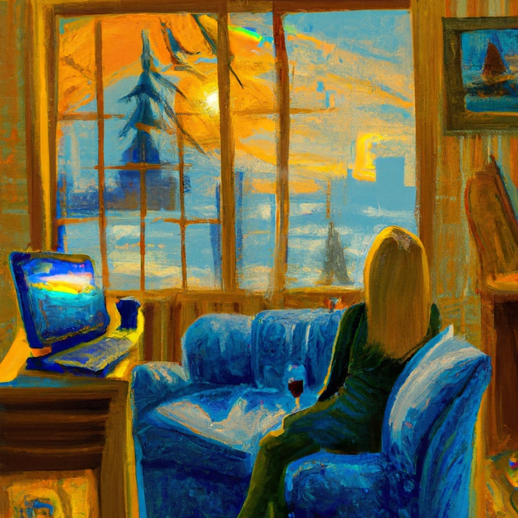 DALL·E 2024-02-07 20.01.25 -  It's a city view outside the window. It's snowing. It's winter with a warm atmosphere. The computer is on at the desk. There is a frame next to the c.png