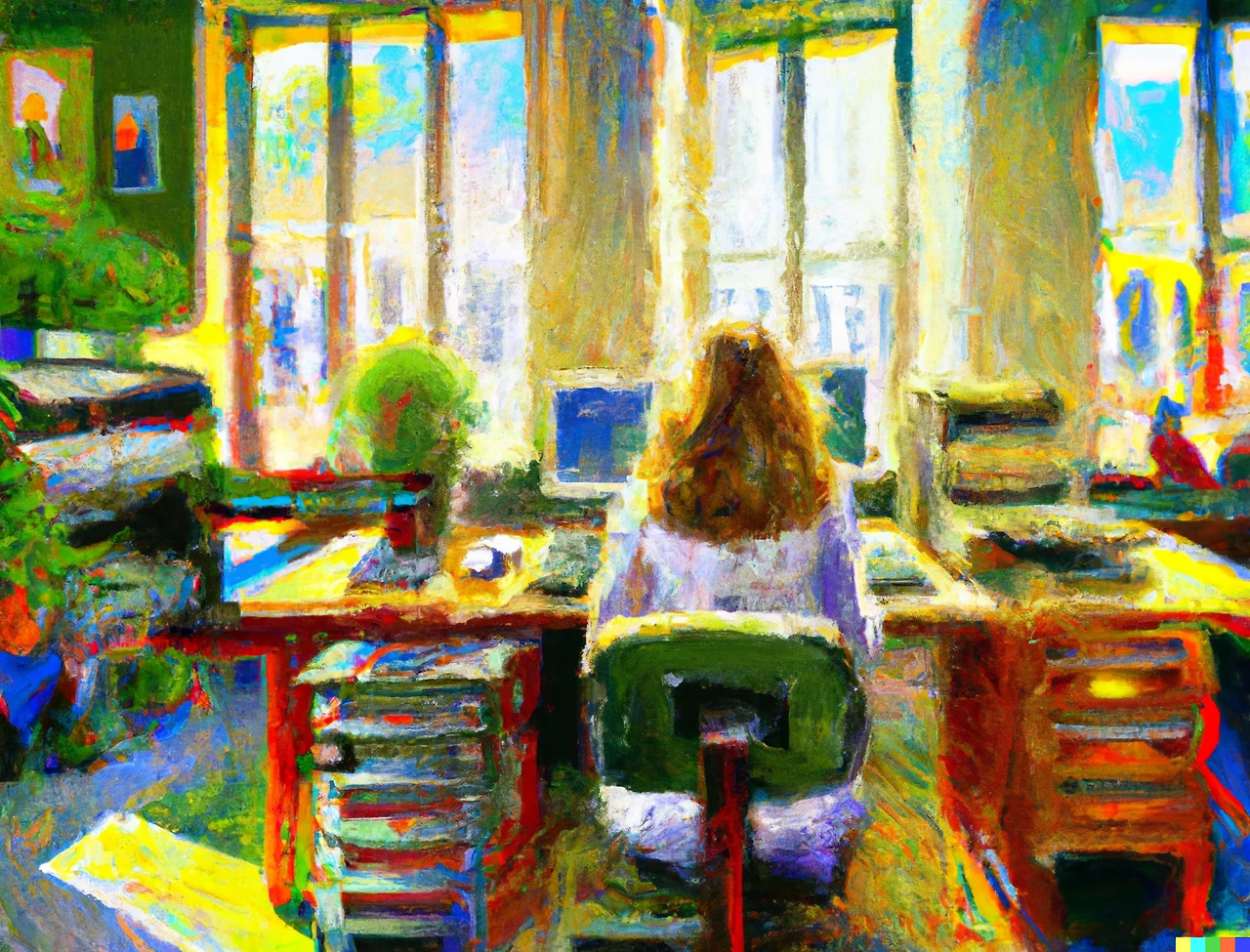 DALL·E 2023-12-20 23.25.23 - There are large printers and two machines in the sun's shining office. Canvases used to paint are piled up. There are also office plants..png