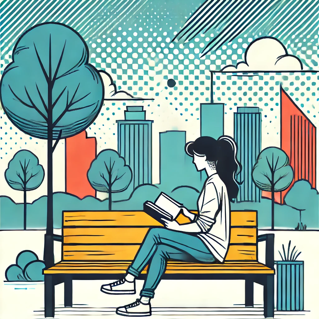 DALL·E 2024-09-12 11.14.30 - A minimalist comic-style illustration with city pop colors, showing a person sitting on a park bench, relaxing with a book. The background has a simpl.png