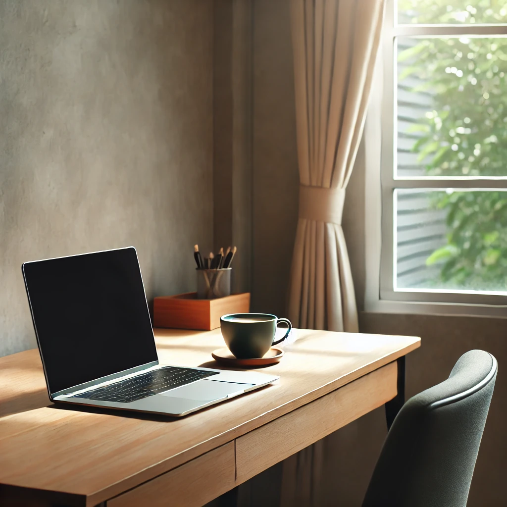 DALL·E 2024-09-09 16.52.59 - A calm and quiet workspace with a laptop on a wooden desk. A cup of coffee is placed beside the laptop, and the overall setting gives a peaceful, focu.png