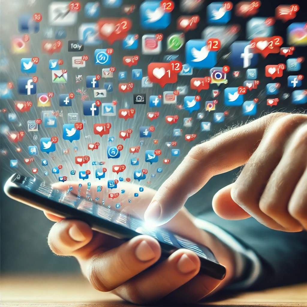 DALL·E 2024-09-09 16.53.39 - A smartphone screen filled with notifications, showing multiple social media apps, while a person’s hand hovers above, about to scroll the feed. The b.png