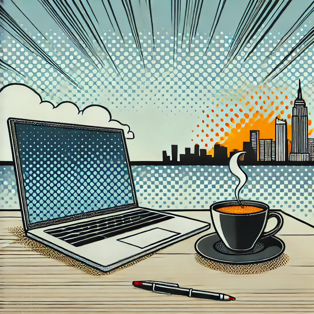 DALL·E 2024-09-12 11.14.28 - A minimalist comic-style illustration with city pop colors, showing a simple desk with a cup of coffee and a closed laptop. The background is clean an.png