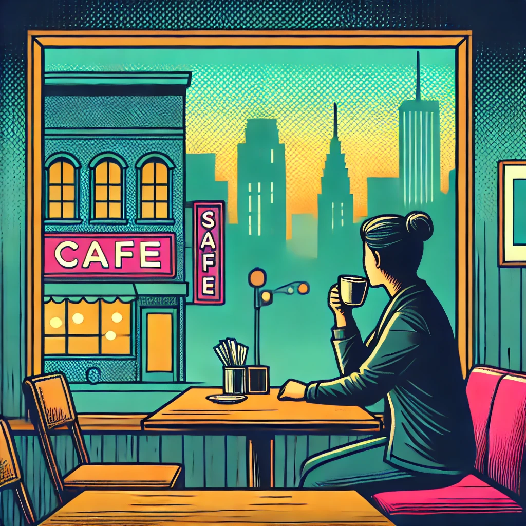 DALL·E 2024-09-12 11.14.38 - A minimalist comic-style illustration with city pop colors, showing a person sitting at a cafe, sipping coffee and looking out the window. The cafe ha.png