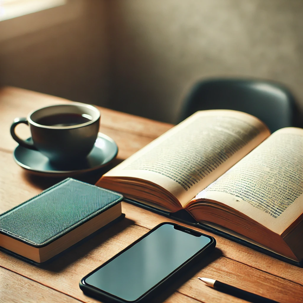 DALL·E 2024-09-09 16.52.57 - A desk with an open book and a smartphone placed face down next to it. A cup of coffee or tea sits beside the book, and the setting gives a calm and f.png