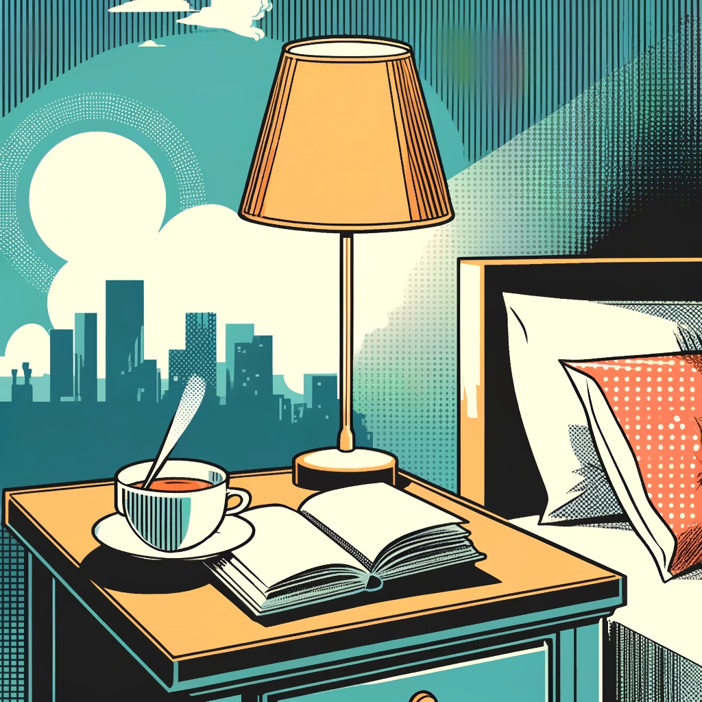 DALL·E 2024-09-12 11.15.29 - A minimalist comic-style illustration with city pop colors, showing a nightstand with a book and a cup of tea on it. The scene is peaceful, with a sof.png