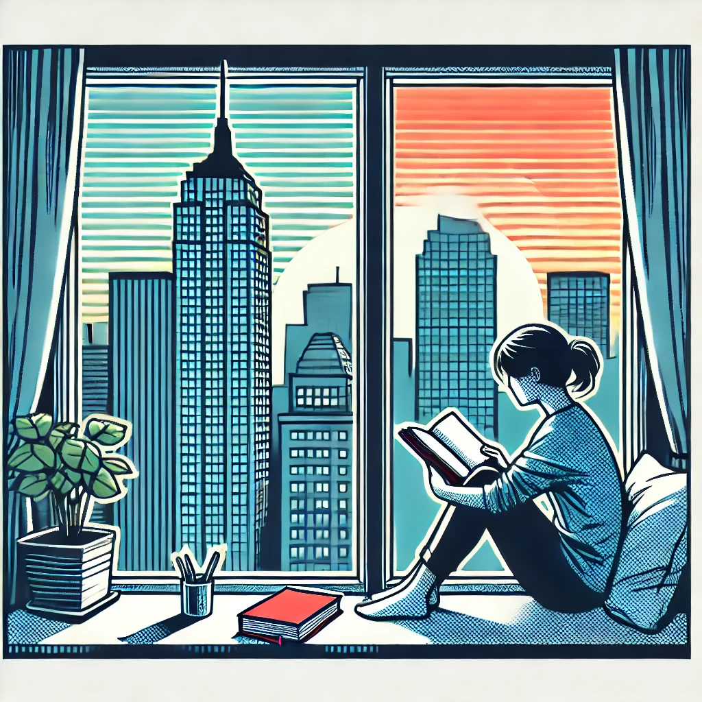 DALL·E 2024-09-12 11.14.17 - A minimalist comic-style illustration with city pop colors, showing a person sitting by the window reading a book. The scene is simple and calm, with .png