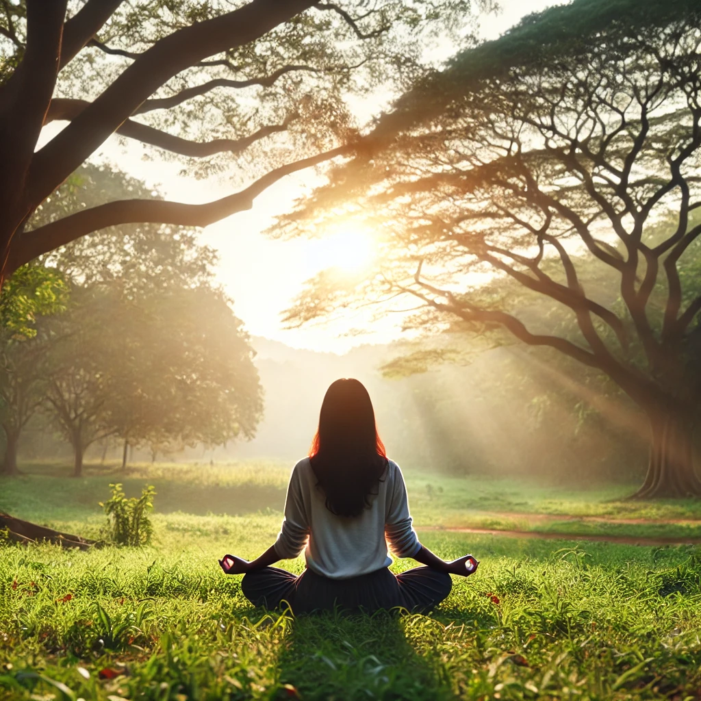 DALL·E 2024-09-09 16.52.55 - A person meditating peacefully in nature, sitting in a cross-legged position on the grass. The background shows a serene landscape with trees and soft.png