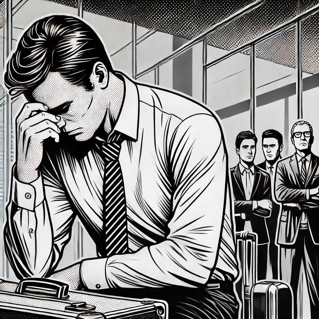 A 40-year-old man resigning from his job with his head down, while others are looking away, in black and white pop art style with clear objects..png