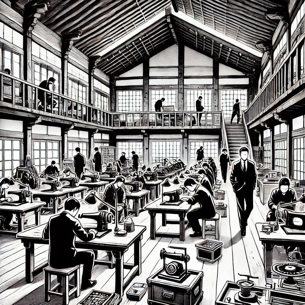 현대인들이 대감집같은 커다란 한국 전통 가옥에서 일하는 모습, 흑백, 팝아트 스타일.png