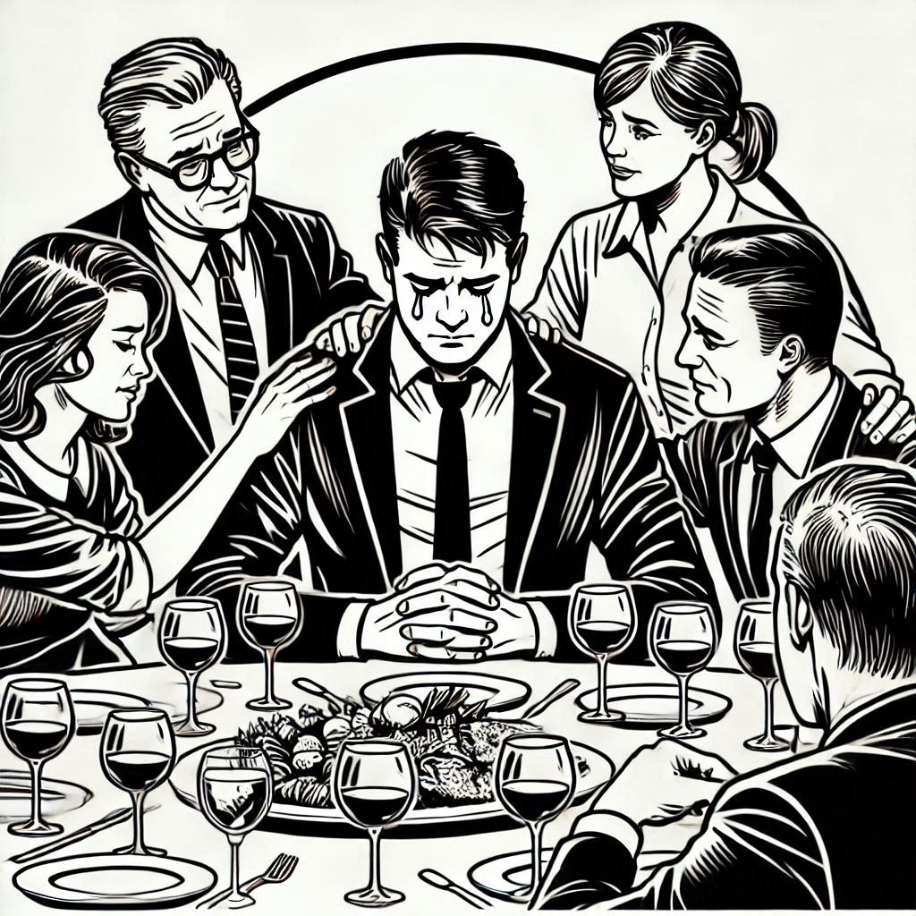 A company employee crying at a dinner party, with colleagues comforting him, in a simple and powerful pop art style, black and white..png