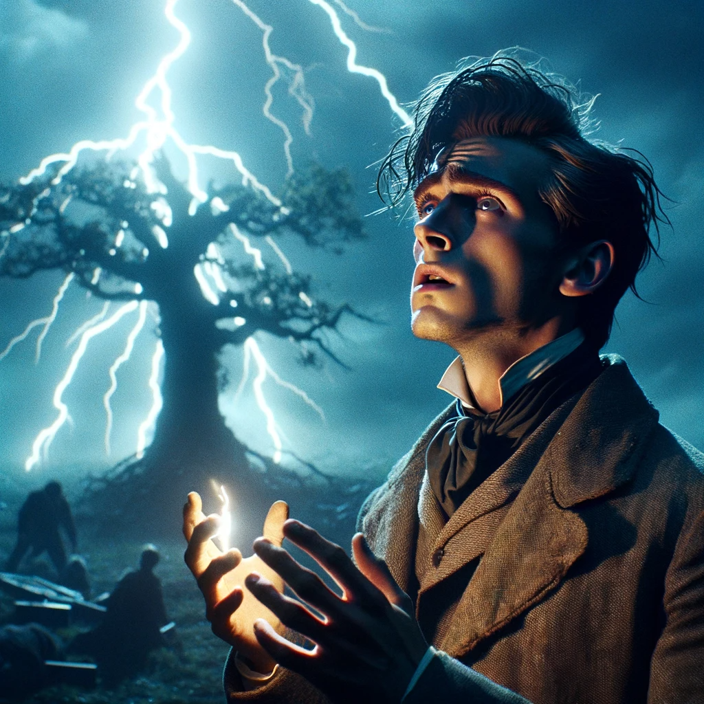 DALL·E 2024-01-17 18.21.14 - In the same scene as the previous image, add the main character, Victor Frankenstein, witnessing the lightning strike on the oak tree. He is in the mi.png