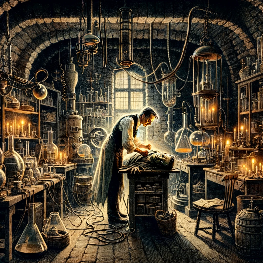 DALL·E 2024-01-18 18.23.12 - An illustration depicting Victor Frankenstein creating the monster in his laboratory. The scene should show Frankenstein in a dimly lit, cluttered lab.png