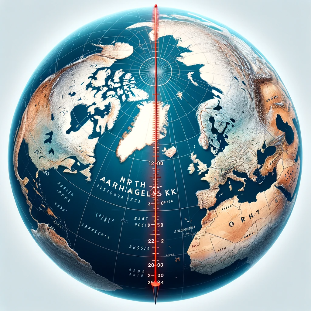 DALL·E 2024-01-13 20.48.30 - Use the above globe image as a reference. Draw a straight line from the North Pole (top of the globe) to the marked location of Arkhangelsk, Russia. T.png