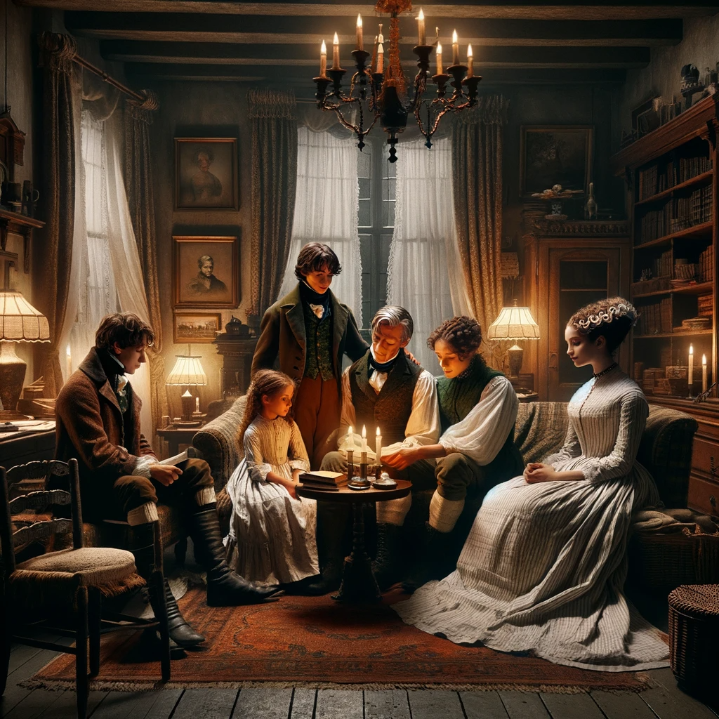 DALL·E 2024-01-16 00.24.56 - A scene from Mary Shelley's 'Frankenstein' featuring the Frankenstein family_ The setting is a quaint, early 19th-century living room, decorated in a .png