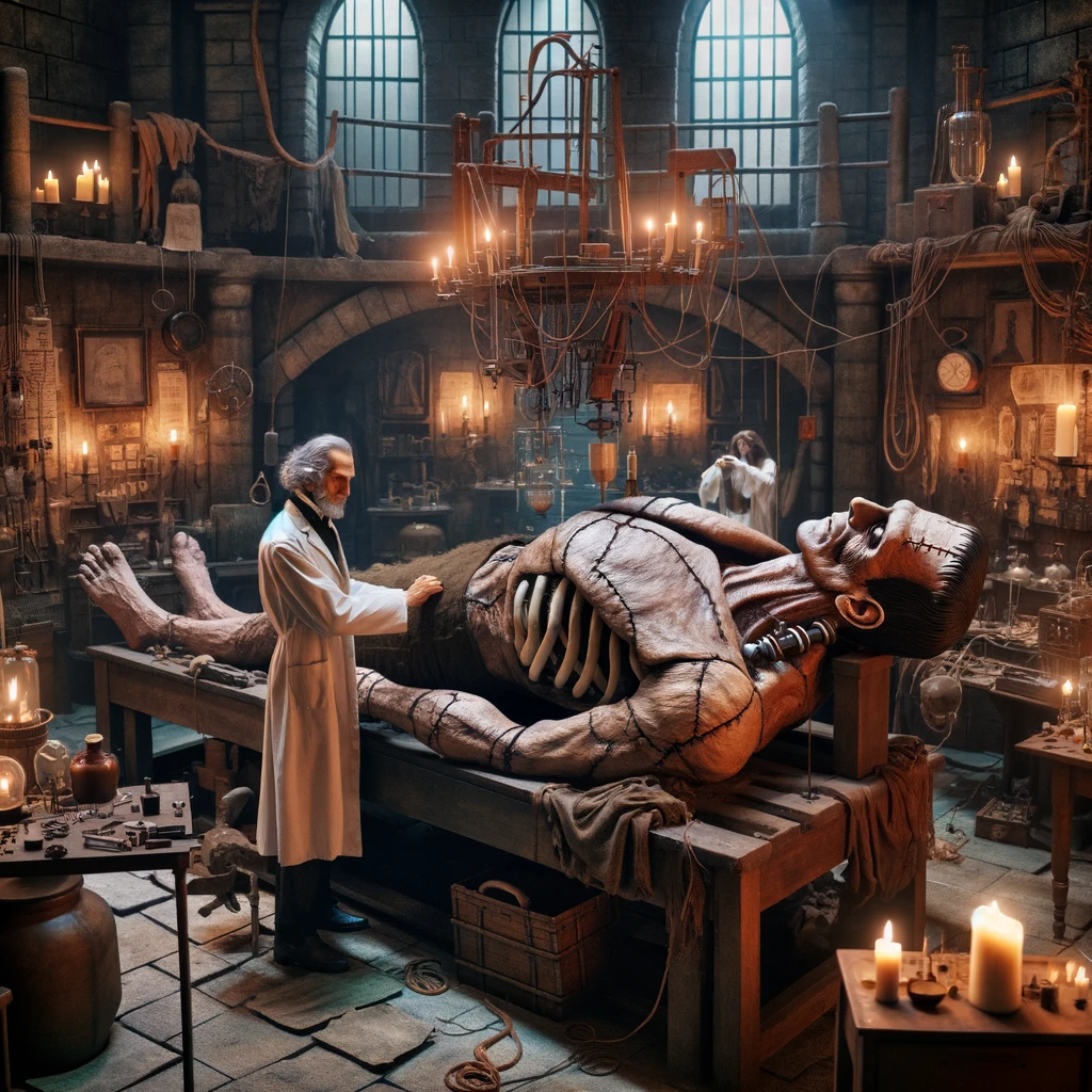 DALL·E 2024-01-23 19.45.58 - Recreating the iconic scene in a gothic laboratory, this image focuses on the large creature, about 250cm tall, lying on a table, as Dr. Frankenstein .png