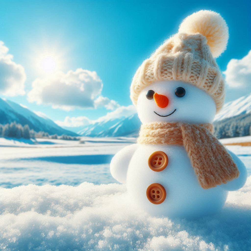 A small snowman without children and trees in the background.png