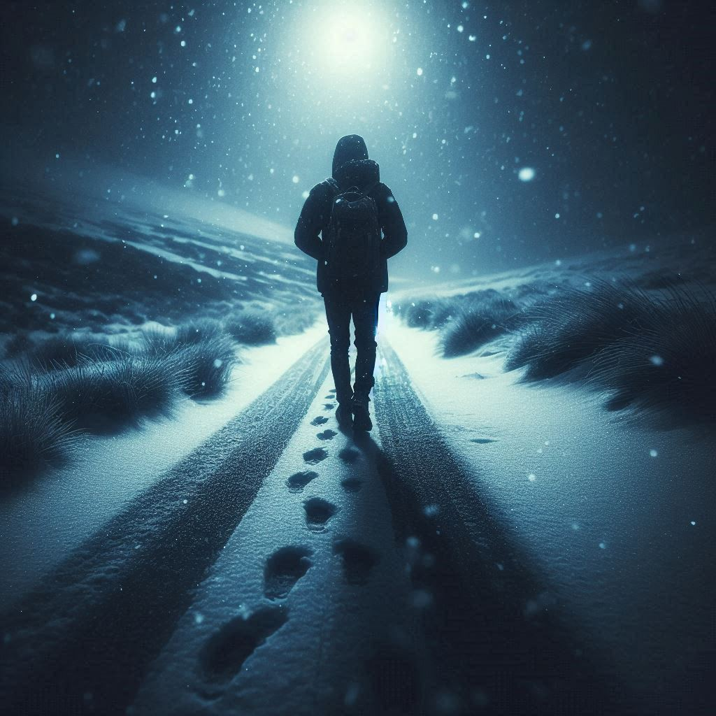 A person walking on a snowy night, with their footsteps slightly raised, looking back at the path theyve taken, unsure of how far theyve come, but continuing on with determination..png