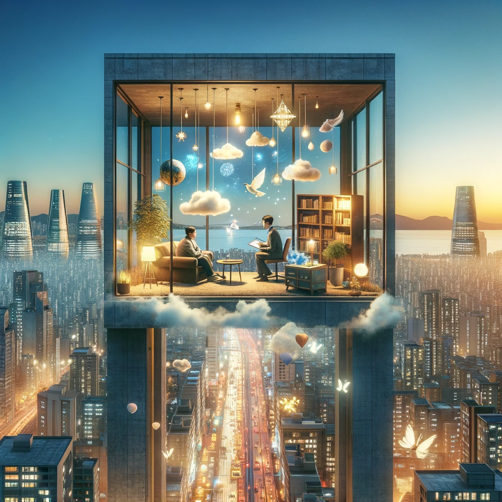 DALL·E 2024-01-26 03.04.01 - A conceptual illustration that combines the themes of 'dreams' and 'psychological counseling' in an urban setting, inspired by the story's narrative. .png