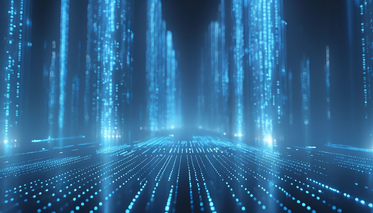 Futuristic Cybernetic Cityscape with Blue Data Streams Background.png