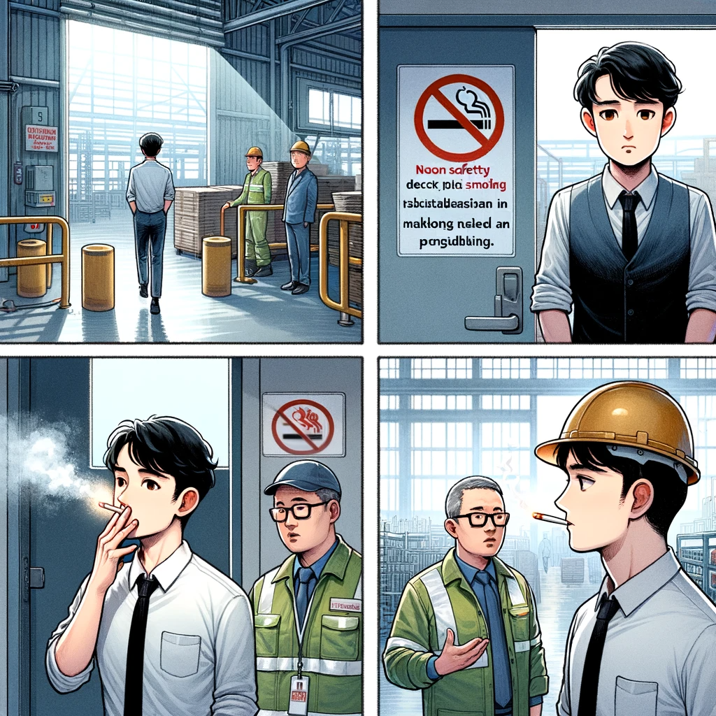 DALL·E 2024-01-20 12.57.17 - A four-panel webtoon illustrating a story set in a factory where smoking is prohibited. In the first panel, a worker is seen discreetly smoking inside.png