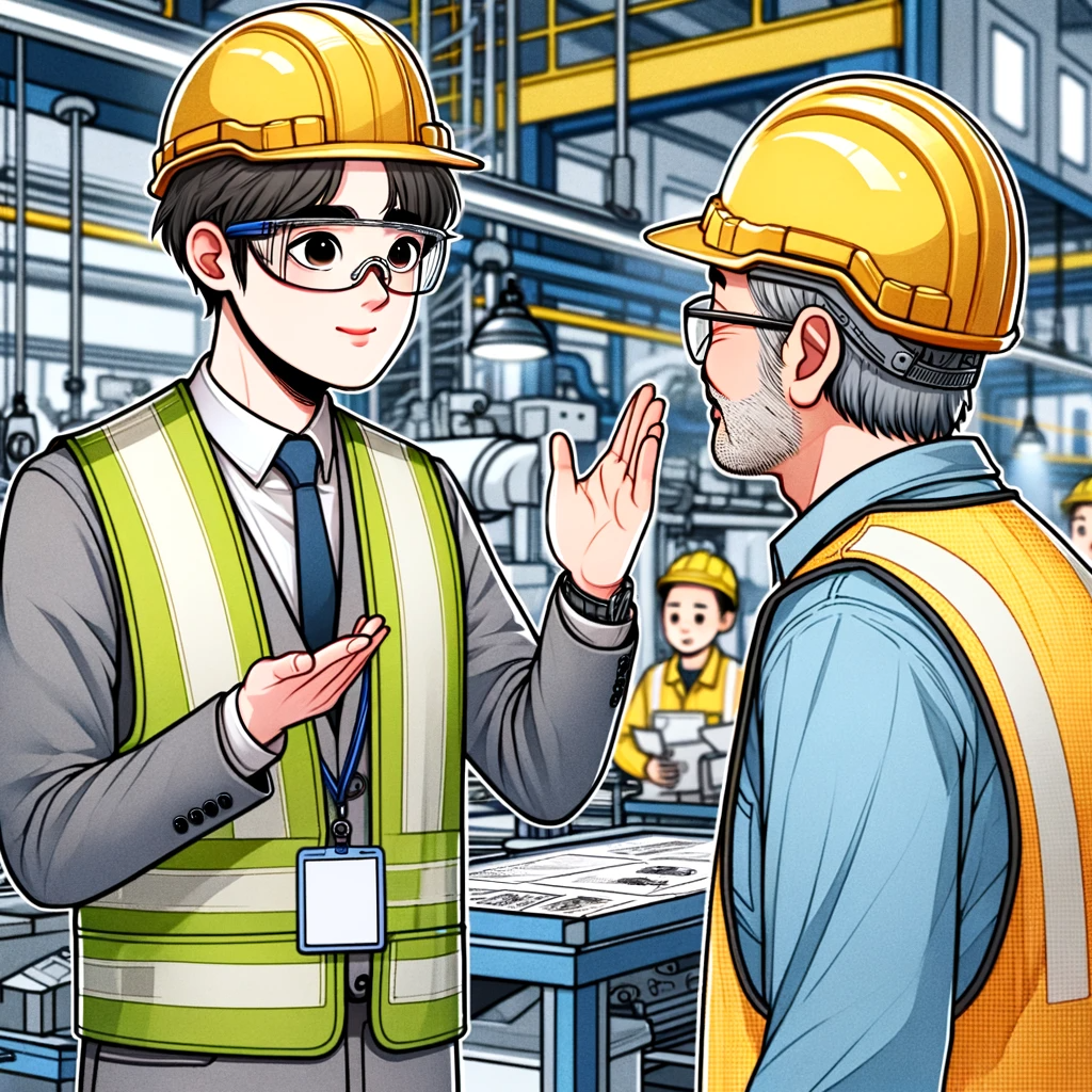 DALL·E 2023-11-26 07.29.09 - A webtoon-style illustration showing a safety manager, a Korean man, approaching an older factory worker who is not wearing safety glasses. The safety.png