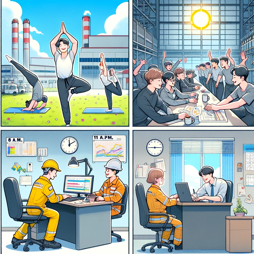 DALL·E 2024-01-07 09.12.28 - A four-panel webtoon story depicting different activities throughout the day at specific times. Panel 1_ Shows doing gymnastics at 8 a.m., with the ch.png