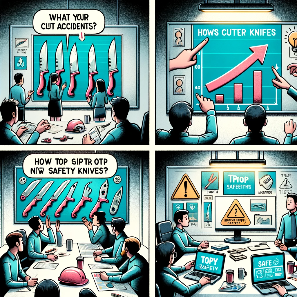 DALL·E 2023-12-28 13.27.41 - A four-panel webtoon story, without text, based on the essay about a company replacing cutter knives with safety knives. Panel 1_ Illustrates the conc.png