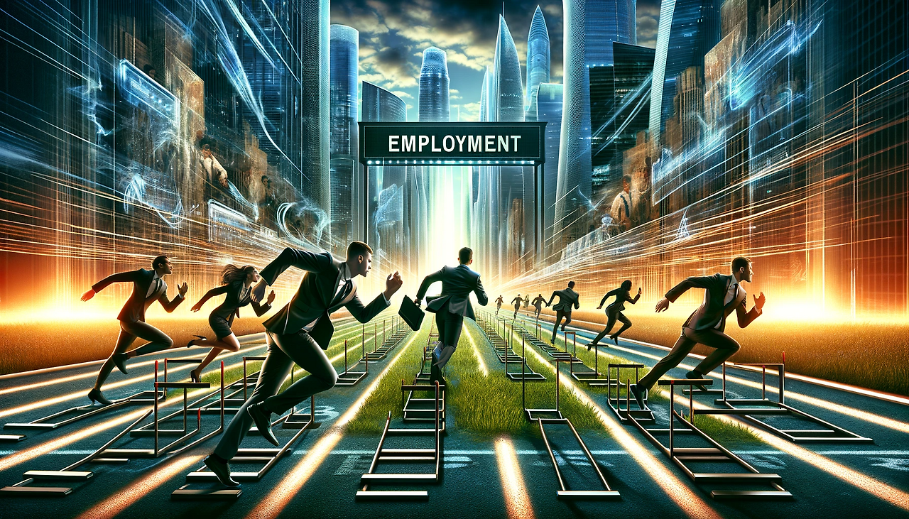 DALL·E 2023-12-04 09.23.57 - A metaphorical digital artwork depicting the concept of 'job war' among young professionals. Visualize a dynamic and competitive landscape where young.png