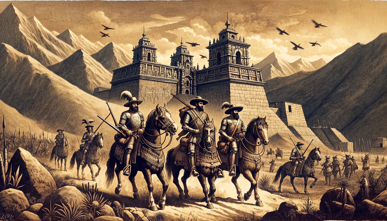 DALL·E 2023-12-04 07.57.24 - 16th-century South America, with Spanish conquistadors riding horses, wearing armor and carrying guns. The background features Inca architecture and t.png