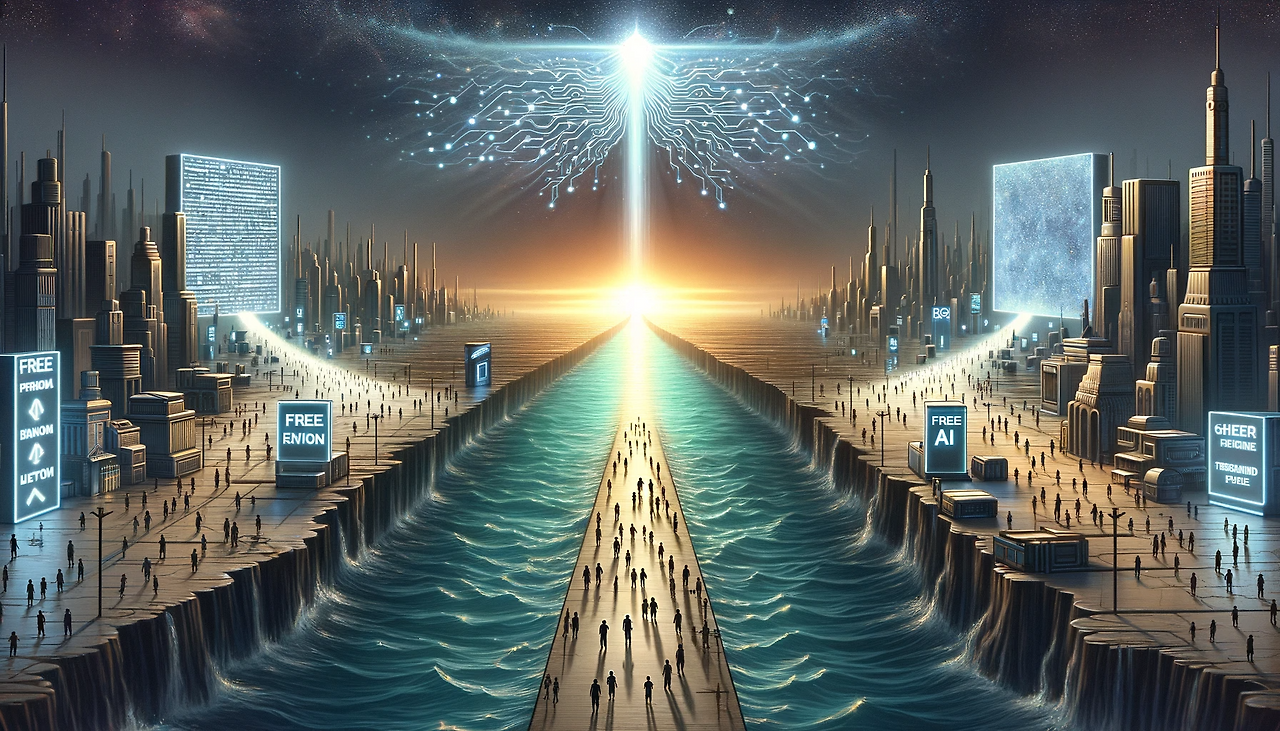 DALL·E 2023-12-04 09.10.33 - A metaphorical representation of the evolution of artificial intelligence, depicting a vast river with two distinct shores. On one shore, there are st.png