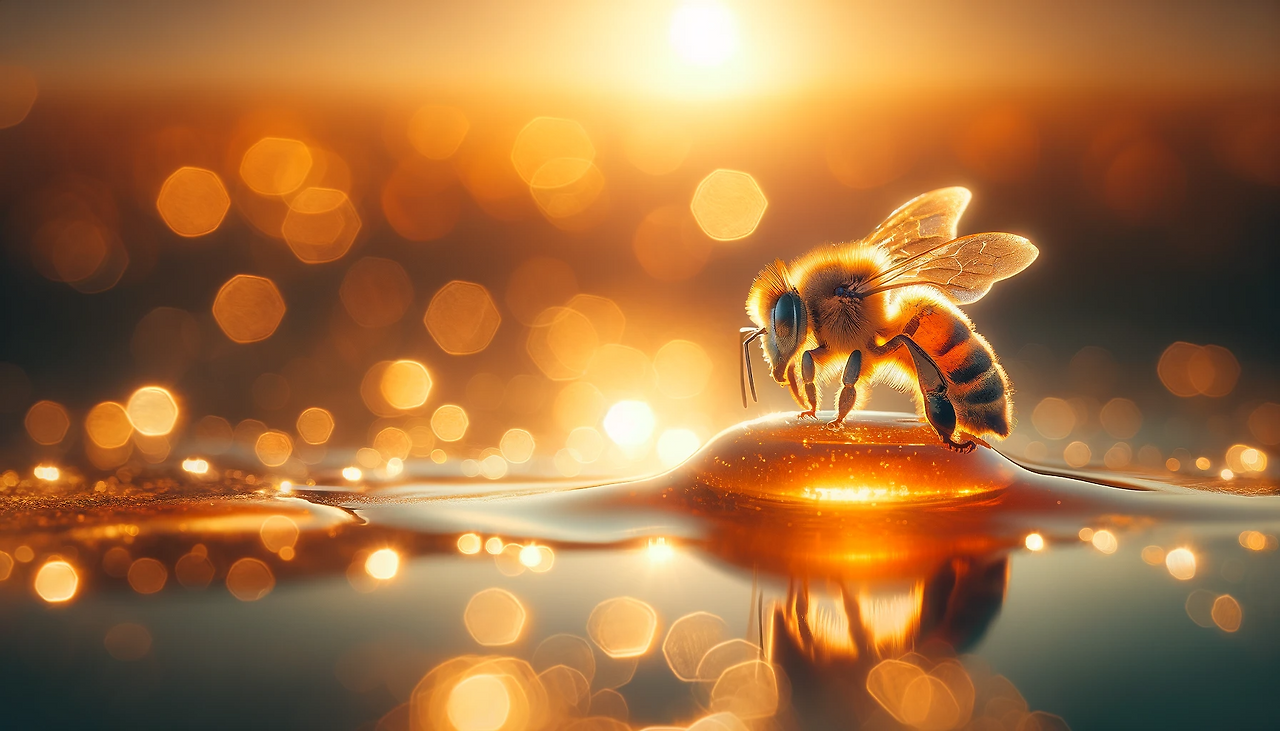 DALL·E 2024-01-21 14.50.46 - Create an image of a honeybee perched delicately on the edge of a small puddle of honey. The scene is set during a golden hour, with the sun casting a.png