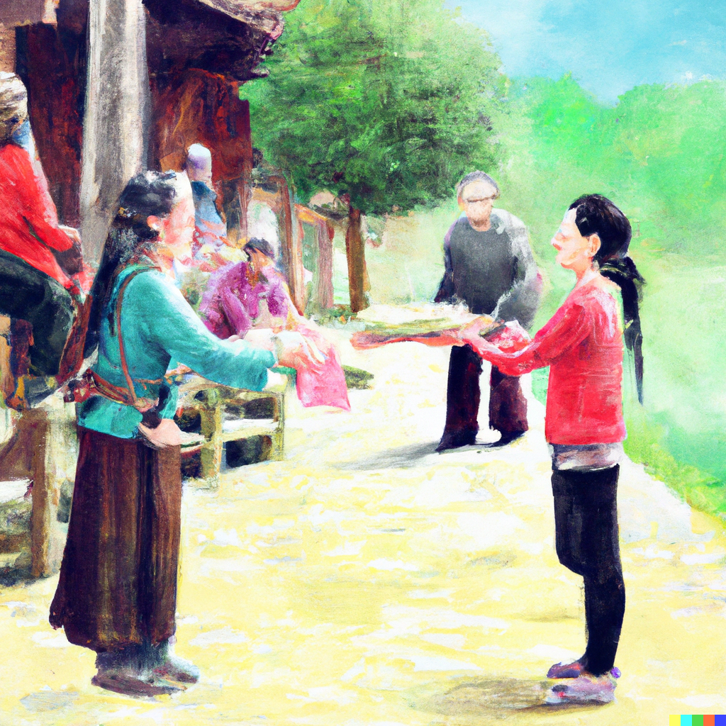 DALL·E 2022-10-05 14.16.23 - The appearance of a harmonious village community with people who exchanging gifts, oil painting style.png