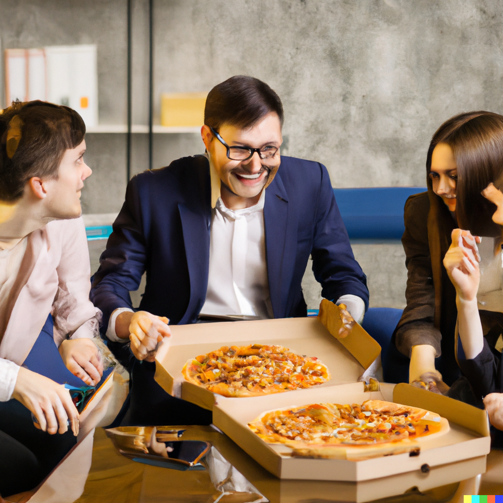 DALL·E 2022-10-05 11.18.07 - CEO and workers of the company who sit around the pizza and eat pizza together.png