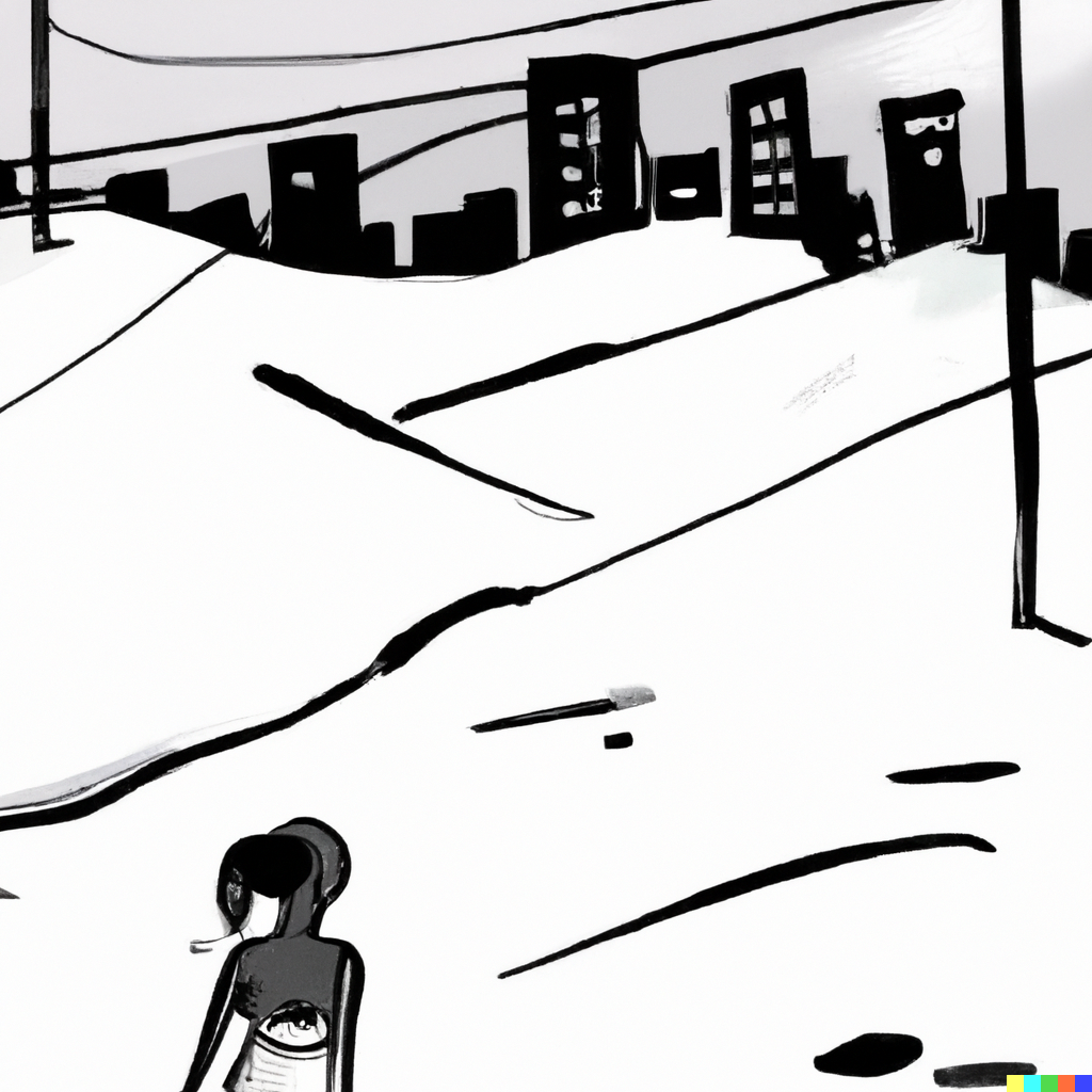 DALL·E 2022-10-05 11.22.55 - The sight of a devastated city and there are  peoples who lonely, dessin style.png