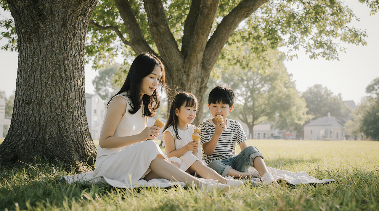 a_warm_summer_afternoon_scene_under_a_large_old_trees_shade_a_mother_sitting_on_the_ground_with_two_9lr1qbzh28c5s9yfup9p_1.png