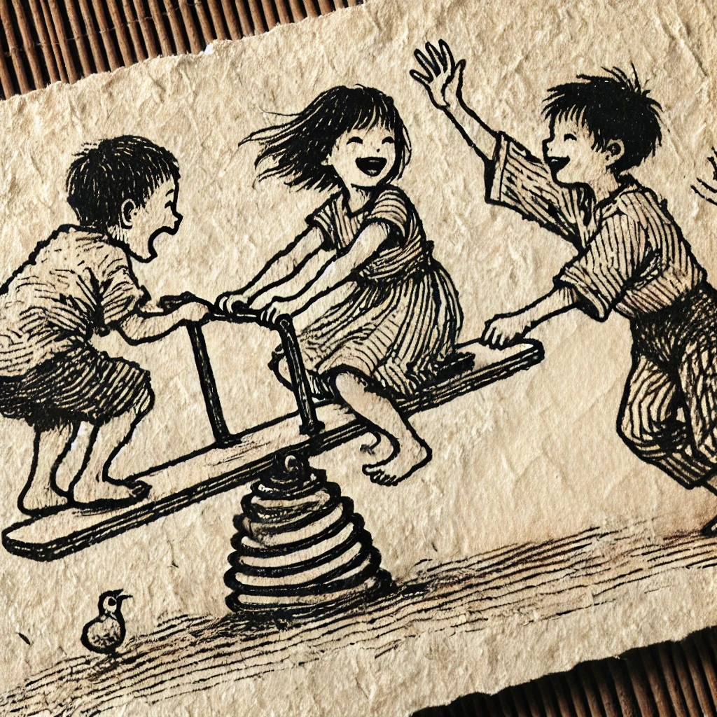 DALL·E 2024-12-04 21.55.00 - A hand-drawn illustration of three children playing around a seesaw, depicted in black ink on hand-made textured paper. The scene captures the lively .png