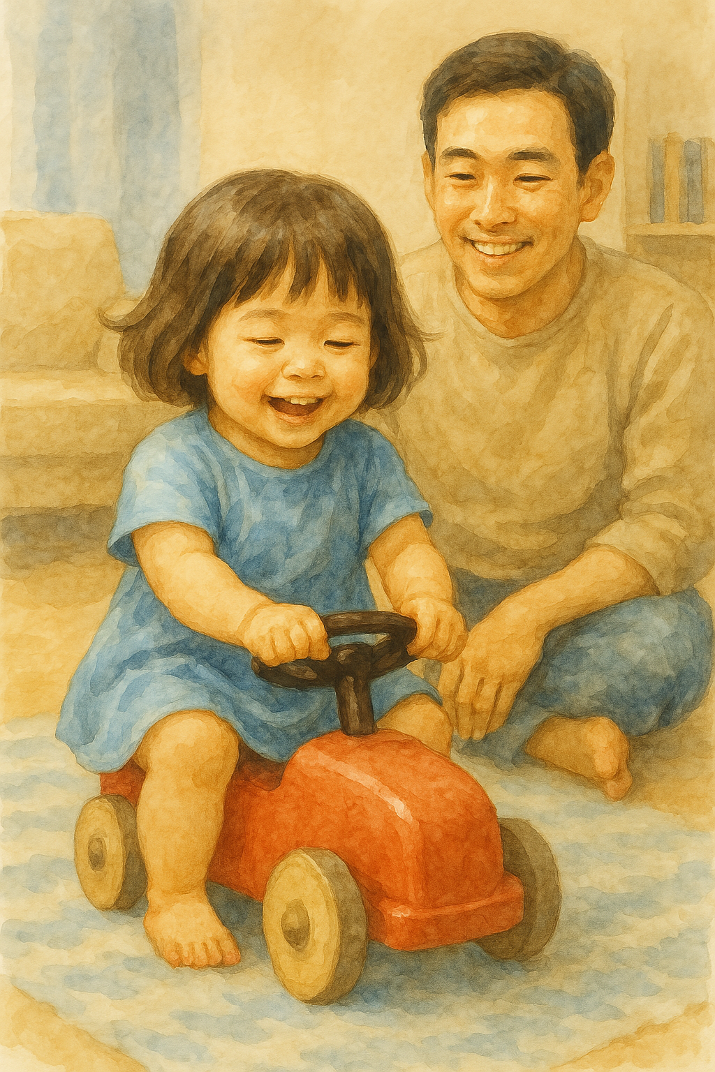 자동차 놀잇감을 타는 단발머리 한국 유아를 수채화풍으로 아름답게 그려줘. 이 모습을 바라보는 젊은 아빠는 미소를 짓고 있어.png