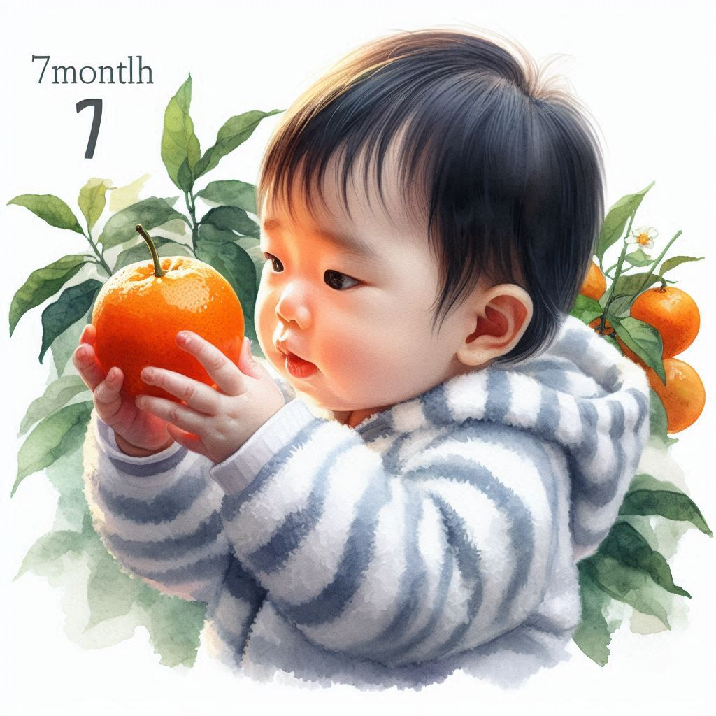 A watercolor-style painting of a 7-month-old Korean baby touching a tangerine with their hands. The scene is beautiful and tender, capturing the innocence and curiosity of the baby..png