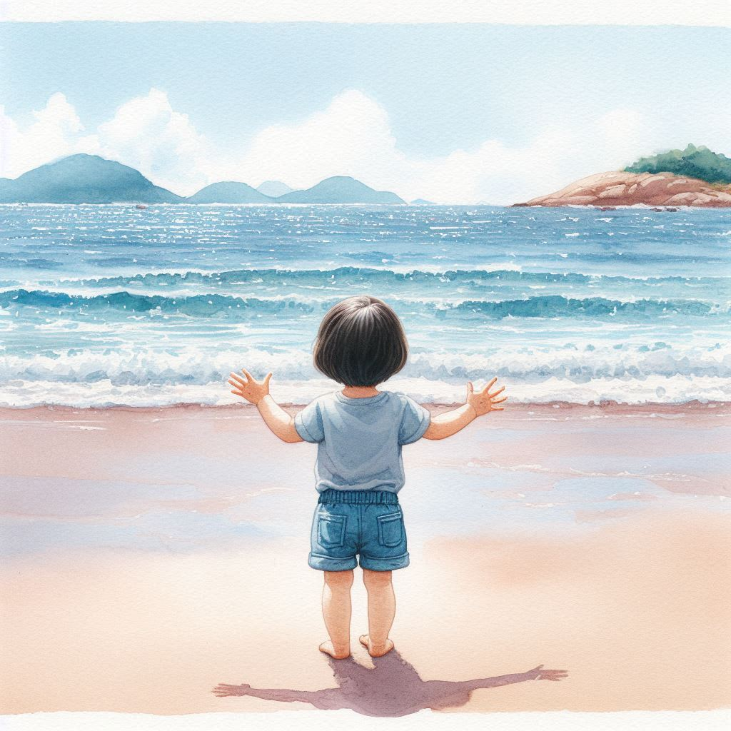 처음 바다를 본 단발머리 여섯 살 한국 여자아이가 커다란 바닷가에 작은 점처럼 서 있는 수채화풍 그림. 아이는 반바지를 입고 두 손을 번쩍 들고 있으며, 바다의 광활함과 아름다움에 감탄하며, 순수하고 자연스러운 분위기를 자아냅니다..png