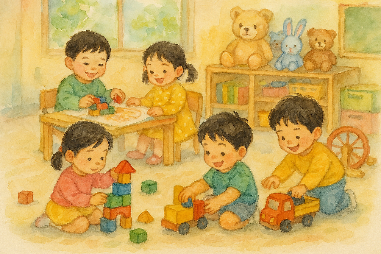 유치원에서 자유놀이하는 한국 유아들을 수채화풍으로 그려줘.png