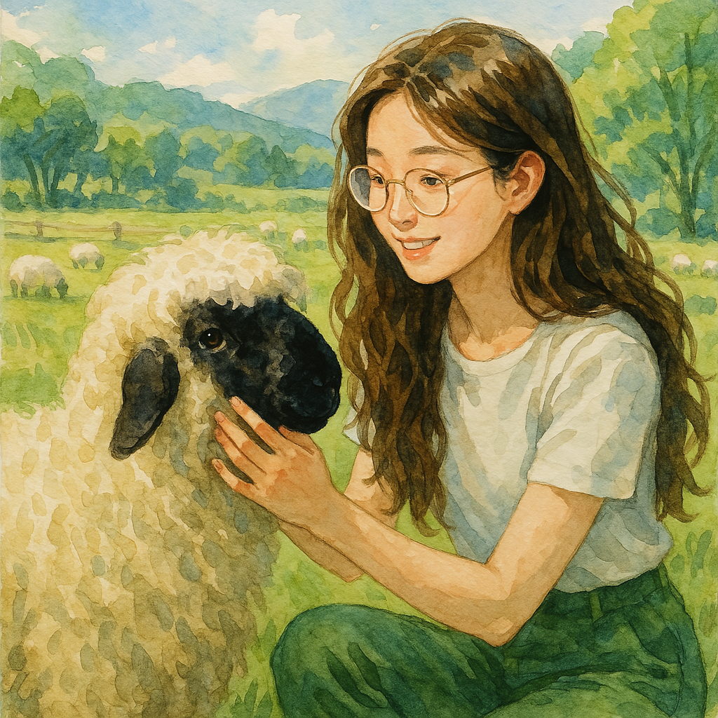 발레 블랙노즈 양과 교감하는 롱웨이브 헤어 한국여자를 수채화풍으로 생동감 넘치게 그려줘. 여자는 하얀색 티셔츠에 초록색 바지를 입었고 동그란 안경을 썼어. 배경은 5월의 양떼 목장으로 해줘..png