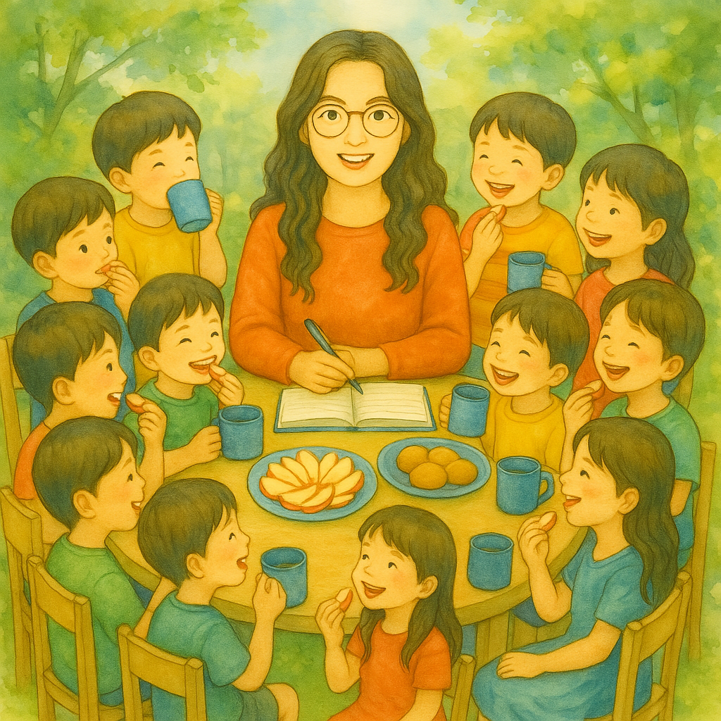 열 명의 한국 초등학생과 롱웨이브헤어 동그란 안경을 쓴 한국여자가 간식을 먹는 모습을 밝은 싱그럽고 분위기의 수채화로 그려줘.png