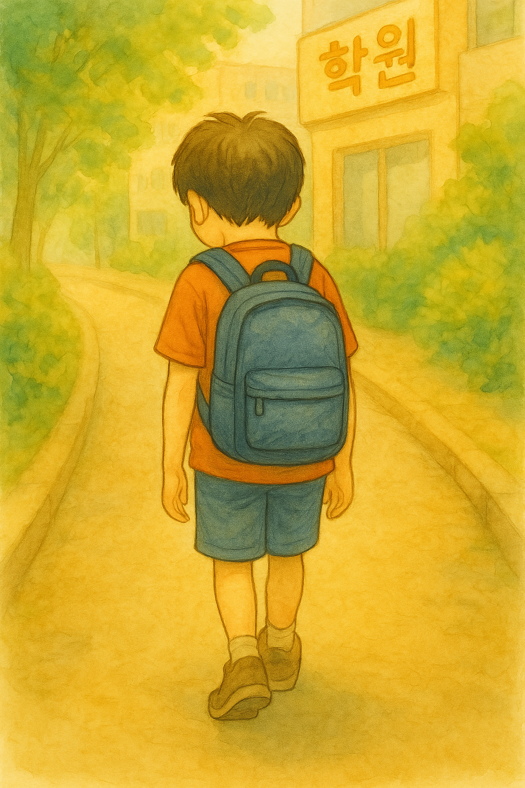 학원 가방을 메고 학원가는 아이의 축늘어진 뒤모습을 그려줘, 아이는 12살이고 한국남자아이야.png