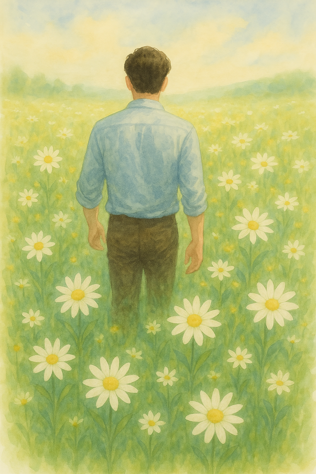 하얀 데이지꽃이 흐드러진 들판을 걸어가는 한 남자의 뒷모습을 그려줘.png