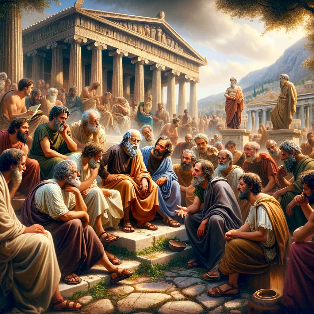 DALL·E 2024-03-04 10.58.12 - Create an image set in ancient Greece, depicting a scene where philosophers, including Socrates, are gathered in a traditional agora or public space, .png