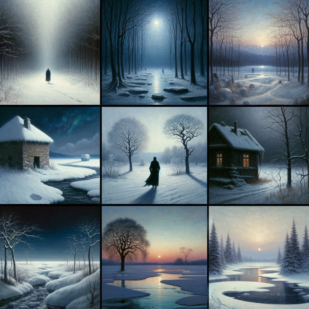 DALL·E 2023-12-26 10.40.43 - A series of five paintings that capture the emotional depth and winter themes of Franz Schubert's song cycle 'Winterreise.' Each painting should refle.png