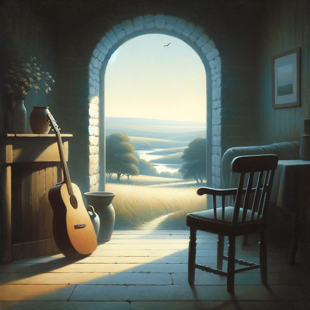 DALL·E 2024-01-21 13.16.36 - A serene and simple painting that conveys the tranquility and comfort of Mark Knopfler's music. The scene should be calm and inviting, perhaps featuri.png