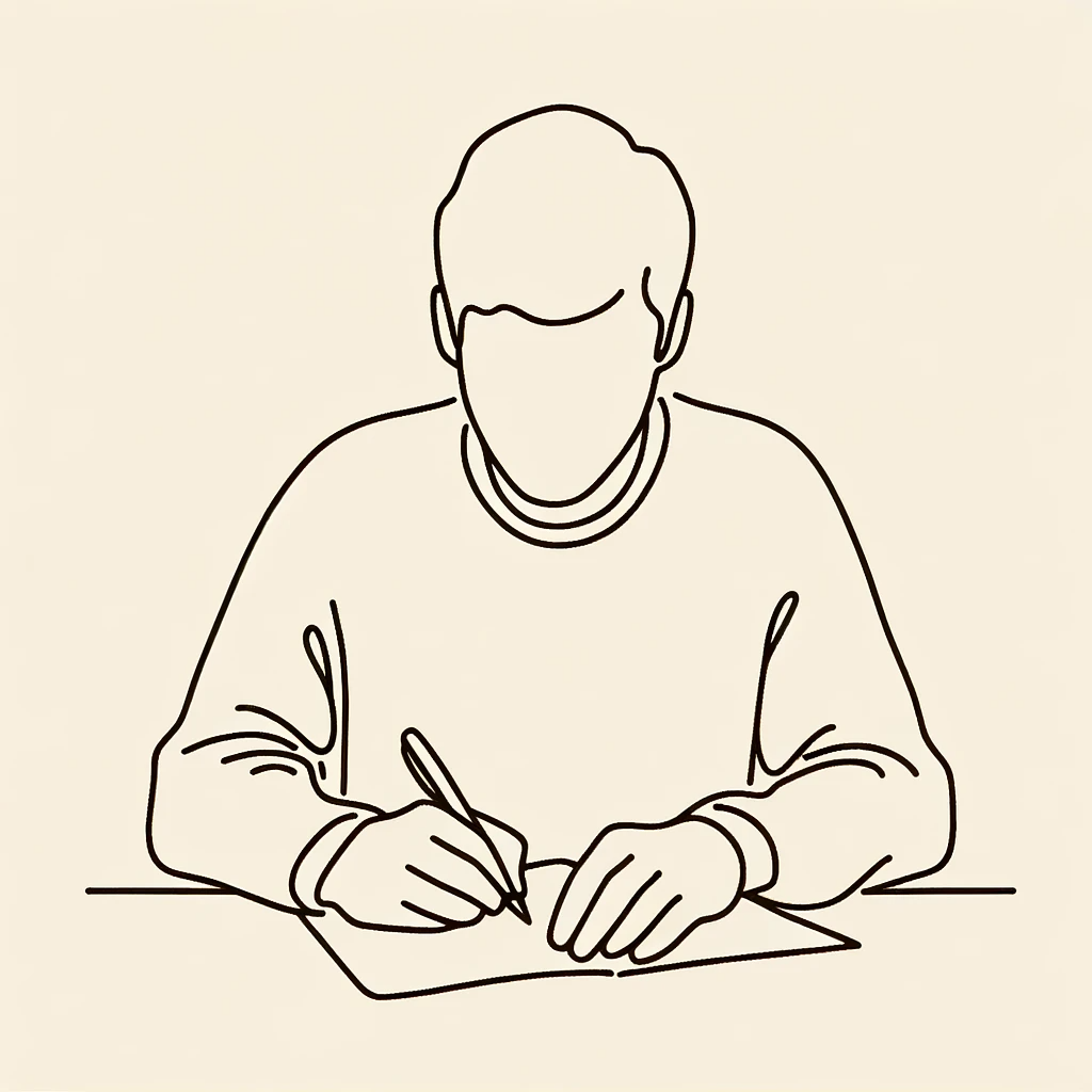DALL·E 2023-11-28 06.05.45 - A line art illustration of a person writing, simple yet warm in feeling, composed only of lines without any shading or color.png